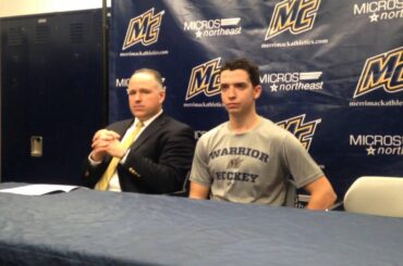 Merrimack coach Mark Dennehy and forward Brett Seney after tie with BU