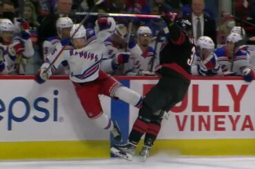 Andrei Svechnikov huge hit on Ryan Lindgren