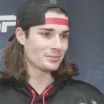 Miles Wood, Ryan Graves, Nolan Foote, and Lindy Ruff speak before game against Carolina