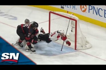 Devils' Dawson Mercer Uses Skate To Control Puck, Makes Fabulous Move To Score Diving Goal