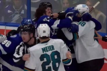 Scrum ensued after Timo Meier crashes into Vasilevskiy