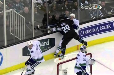 Ryane Clowe crushes Christopher Tanev 27 Jan 2013 Vancouver Canucks vs SJ Sharks NHL hockey