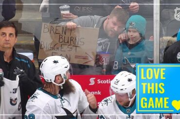 Brent Burns gives a thumbs up to his biggest fan