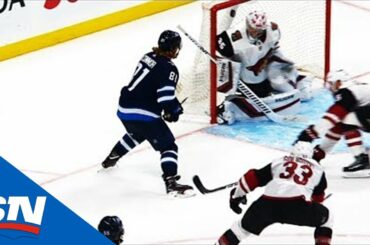 Kyle Connor Roofs Beautiful Backhand Shot Over Shoulder Of Darcy Kuemper