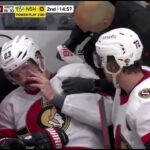 Thomas Chabot smashes Travis Hamonic face, on the bench!