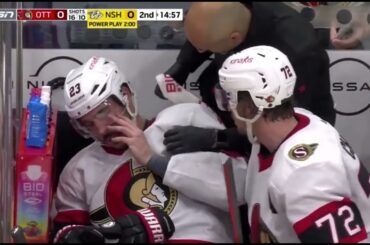 Thomas Chabot smashes Travis Hamonic face, on the bench!