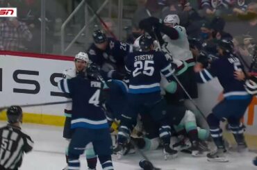 Scrum ensued after Yanni Gourde shoved Mark Scheifele to the boards