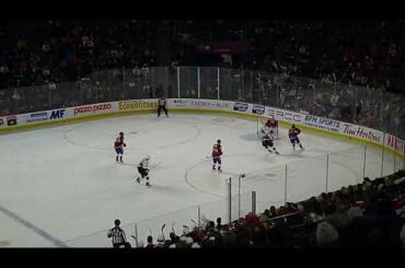 Belleville Senators' Kevin Mandolese makes a big save in OT vs. Laval Rocket's Anthony Richard 1/25