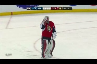 Robin Lehner's throat guard shattered on shot