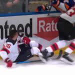 Oliver Wahlstrom hits the helmet off Jimmy Vesey