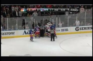 Carl Hagelin elbows Daniel Alfredsson up high