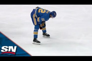 Blues' Logan Brown Bloodied After Taking Hip Check From Andreas Englund