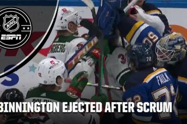 Jordan Binnington gets ejected for sparking a scrum after the Wild's goal | NHL on ESPN