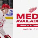 Simon Edvinsson speaks with the media following his first practice with the Detroit Red Wings