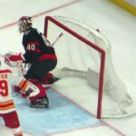 Mads Sogaard in action during the Flames @ Senators hockey game