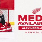 Alex Nedeljkovic speaks with the media after being recalled from Grand Rapids on Thursday