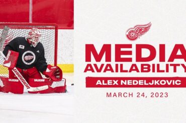 Alex Nedeljkovic speaks with the media after being recalled from Grand Rapids on Thursday