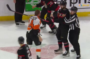 Nicolas Deslauriers fights both Austin Watson and Mark Kastelic