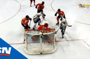 Travis Dermott’s Shot Deflects Off Of Carter Hart’s Blocker And Into The Net