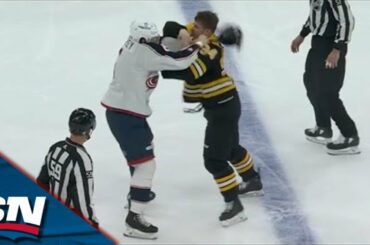 Bruins' Jakob Lauko Trades Punches With Blue Jackets' Billy Sweezey In Entertaining Tilt