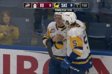 Egor Sidorov gets demolished by Jatden Grubbe but gets up to pot the PP goal