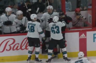 Jeffrey Viel Pushes Andrei Svechnikov Into Sharks Bench During Scrum