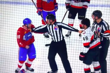 Laval Rocket and Belleville Senators scrum