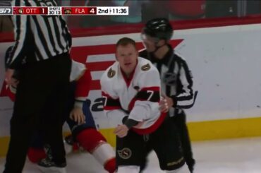 Matthew and Brady Tkachuk fight on the same shift against Marc Staal and Drake Batherson