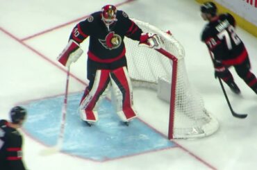 Mads Sogaard warms up during the Flames @ Senators hockey game