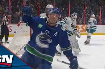 Canucks' J.T. Miller Snipes Bar Down Off Errant Pass By Sharks' Tomas Hertl