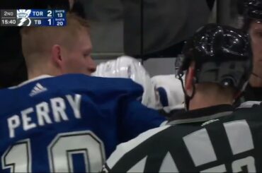 Michael Bunting and Corey Perry go at it