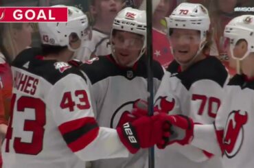 Yegor Sharangovich assists on Haula's goal vs Capitals (13 apr 2023)