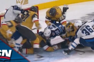 Jets' Morgan Barron Takes Cut To Face During Chaotic Scramble In Golden Knights Crease
