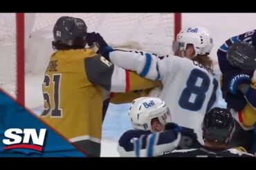 Scrum Ensues Between Jets and Golden Knights After Big Hit on Scheifele