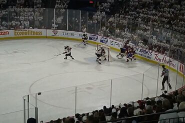 Utica Comets' Nico Daws stops Laval Rocket's Lucas Condotta on a breakaway in in game 1 of playoffs