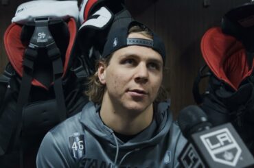 Blake Lizotte speaks to the media before Game Two in Edmonton