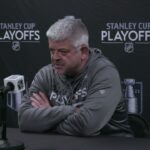 Head Coach Todd McLellan addresses the media before Game Four in Los Angeles