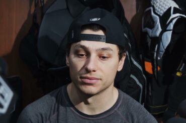 Trevor Moore talks to the media ahead of Game Three in Los Angeles