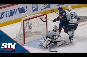Avalanche's Nathan MacKinnon Swats In Goal After Kraken's Philipp Grubauer Misplays Puck