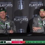 Ryan Suter and Jamie Benn at the Podium after Game 6 Win