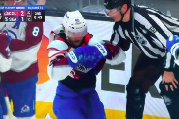 Mikko Rantanen goes after William Borgen and a scrum ensues