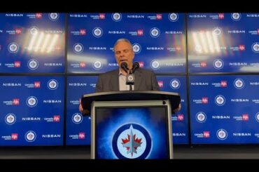 Winnipeg Jets GM Kevin Cheveldayoff addresses the media, Sunday, April 30, 2023