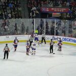 Laval Rocket's Brandon Baddock and Bridgeport Islanders' Seth Helgeson get into a brief fight 11/12