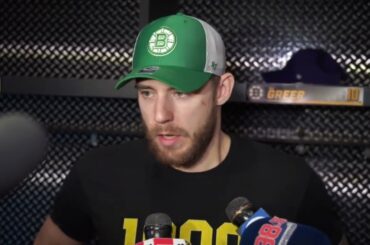 Bruins Locker Room: AJ Greer on Bruins 4th Line Play in Win Over Red Wings
