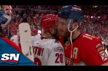 Florida Panthers And Carolina Hurricanes Exchange Handshakes Moments After A Four-Game Series Sweep