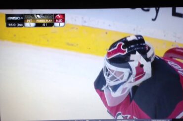 Marc-Andre Fleury almost scores on Martin Brodeur
