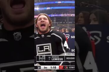Brendan Lemieux says some encouraging words to the Winnipeg bench after a roughing penalty