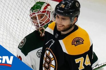 Jake DeBrusk Laughs It Up After Puck Bounces Off His Chest For Goal