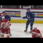 Andrei Kuzmenko gets assist on Pettersson's goal vs Flames (31 mar 2023)