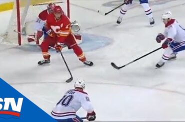 Sean Monahan Steals Puck And Makes Nice Move In Front Of Net To Score